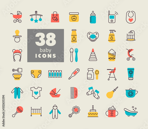 Baby, feeding and care vector icons set