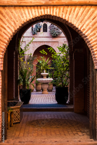Marrakesh, Morocco - May 01,2022: The architecture of the old Medina district of Marrakech.