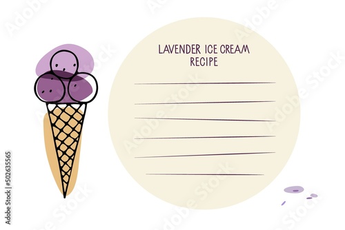 Matcha ice cream Recipe. Ice creme cone, template for recipe, tea leaves, Green powder poured. Recipe card template with copy space for writing recipe. Culinary course poster concept, culinary school.