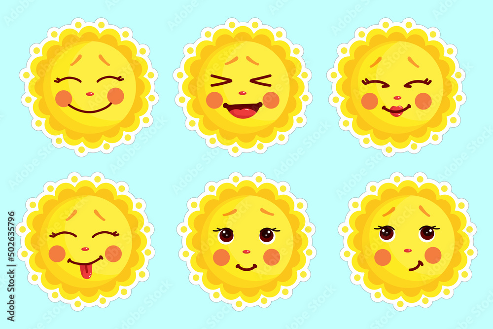 Set of stickers cute suns.Cartoon vector graphics. Set of stickers cute suns.Cartoon vector graphics.