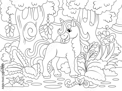 Cheerful unicorn in the magical forest. Raster illustration, children coloring book.