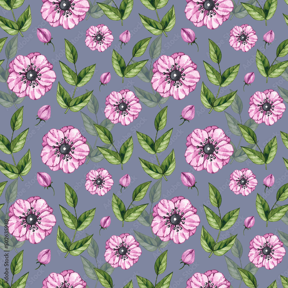Watercolor floral pattern with pink anemones