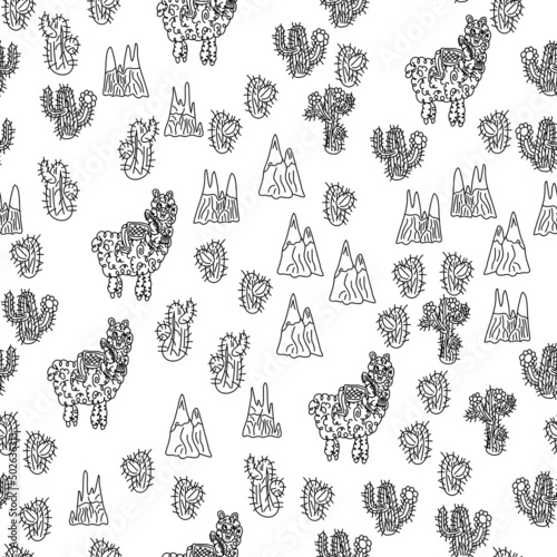 A little girl rides a llama among mountains and cacti. Seamless black and white pattern.