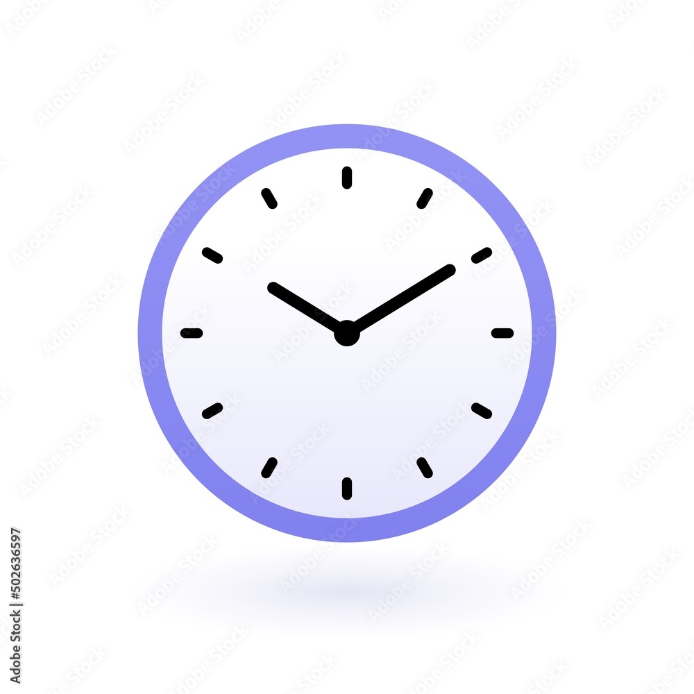Wall clock with hour and minute hands in classic style. Simple modern design element for business, technology concept. Flat illustration of round clock Isolated on white background Wall clock with hour and minute hands in classic style. Simple modern design element for business, technology concept. Flat illustration of round clock Isolated on white background