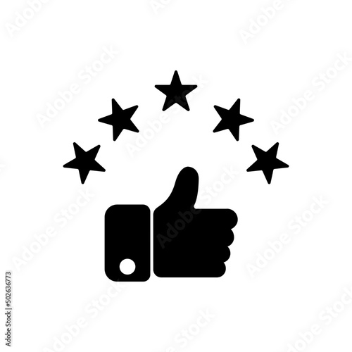 Hand thumb up gesture with 5 stars line icon. Testimonials, like and customer relationship management concept. Simple outline style. Isolated badge.. For: dev, web, design, app, ui, ux. Vector EPS 10.