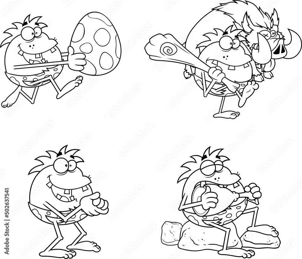 Fototapeta premium Outlined Caveman Cartoon Characters. Vector Hand Drawn Collection Set Isolated On White Background