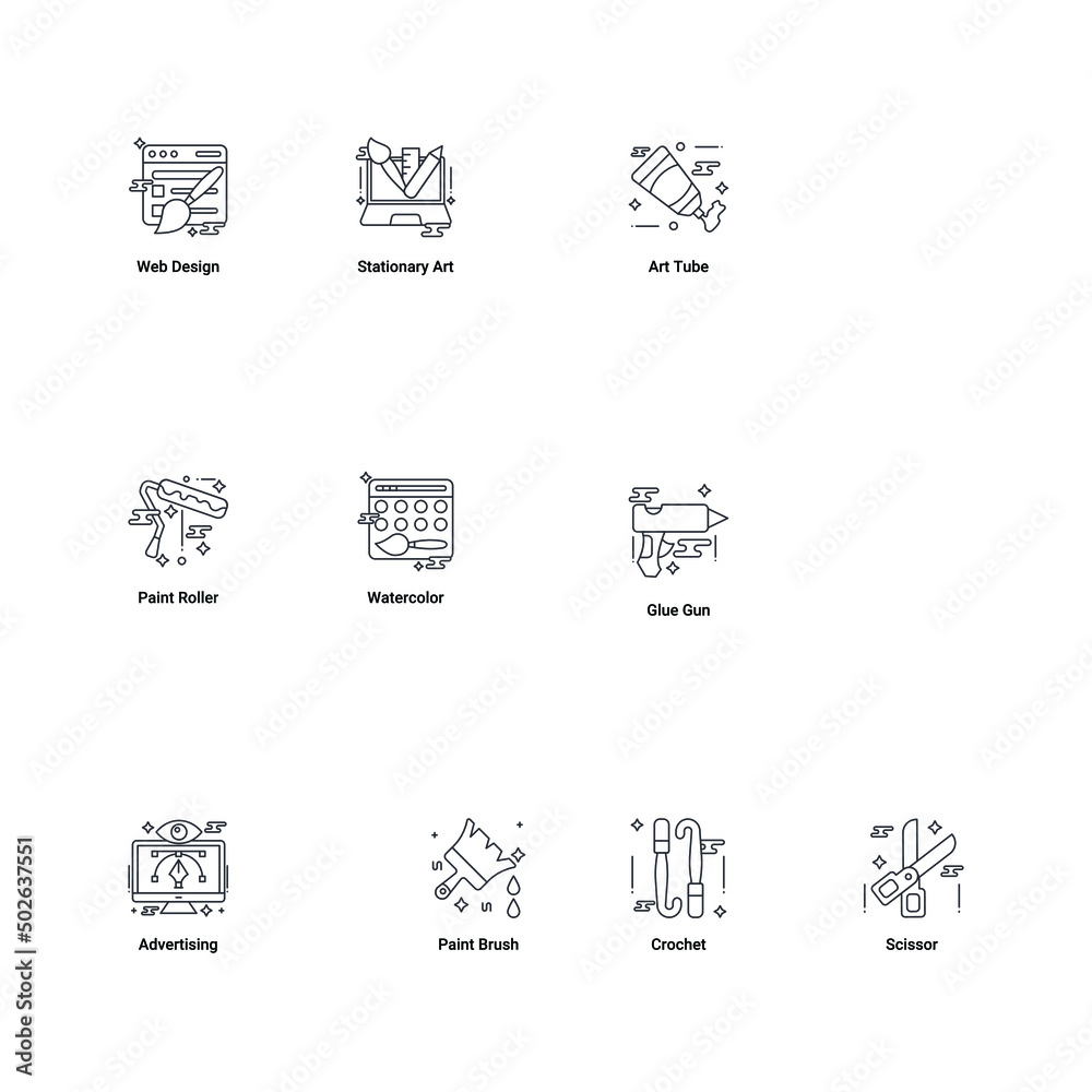 Art & Designing and web and graphic design icons set. thin Line Style stock vector.