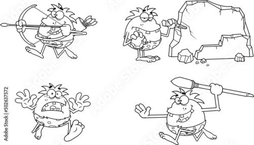 Outlined Caveman Cartoon Characters. Vector Hand Drawn Collection Set Isolated On White Background