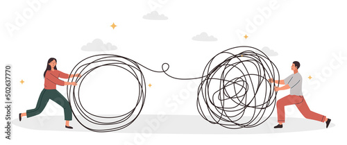 Metaphor of abstract thinking. Man and girl unravel tangle, Internal problems and mental health. Creative characters solve problems, idea and insight concept. Cartoon flat vector illustration