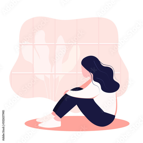 A female woman in depression with bewildered thoughts of her mind is depressed. In window, young sad girl sitting on her knees and hugging her knees. flat style