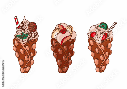 Hong Kong waffle with caramel, ice cream and berries. Vector fast food.