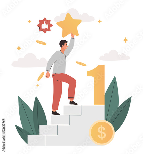 Man achieving goal. Young guy climbed up stairs behind star. Metaphor of competition and victory. Successful entrepreneur or employee. Motivation and leadership. Cartoon flat vector illustration