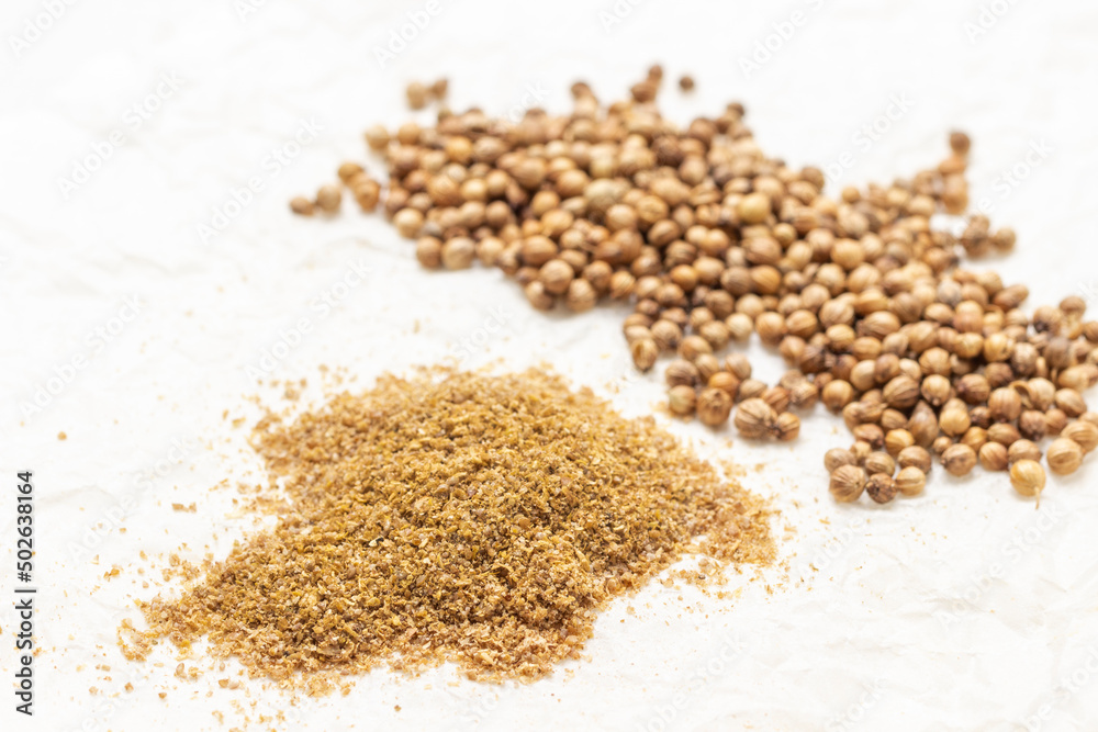 Ground coriander and coriander seeds and on the table. Ground coriander and coriander seeds and on the table.