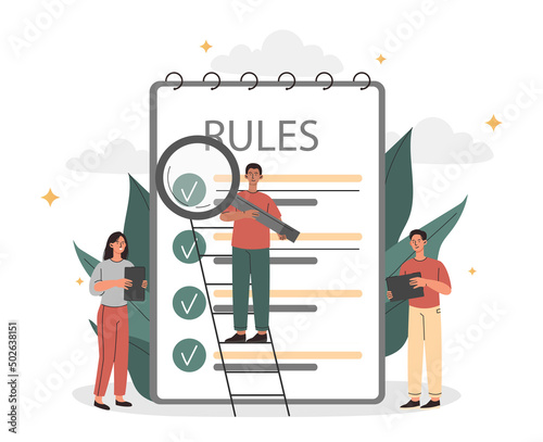 Characters create checklist. Workers check with task list, time management. Employees evaluate rules of work in company. Reminding graphic elements for website. Cartoon flat vector illustration