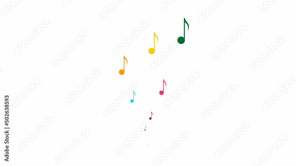 Animated multicolored notes fly from bottom to top. A colorfull wave of flying notes. Concept of music, song, melody. Vector illustration isolated on the white background.