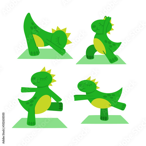 Set of different dinosaur yoga poses. Various yoga asanas. Collection of dinosaur poses isolated on white background. Design element. Vector illustration