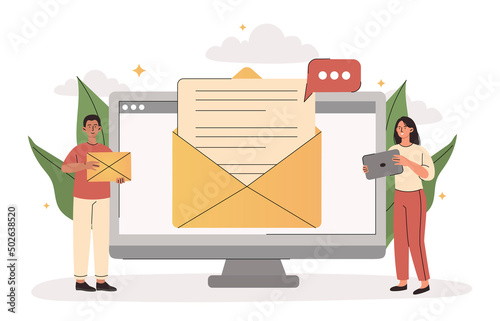 Email message concept. Man and woman organize promotion on Internet. Company promoting products or service. Feedback and interaction with clients and customers. Cartoon flat vector illustration