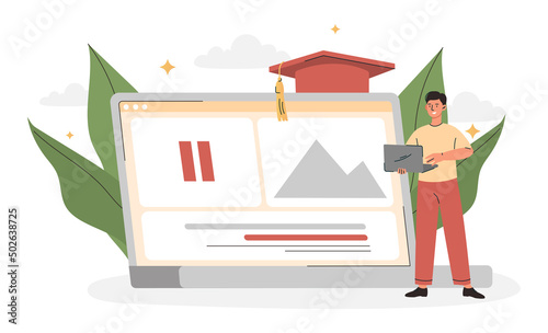 Internet lessons concept. Man with laptop, modern technology and digital world. Student doing homework, taking test or passing examination. Guy watching video. Cartoon flat vector illustration