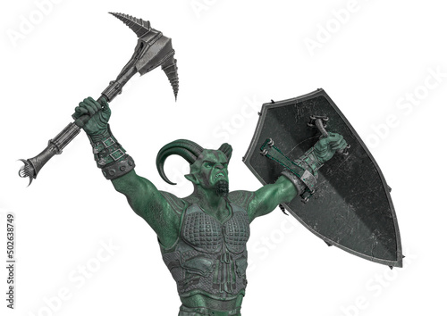 evil warrior is holding up an axe and shield with anger close up view