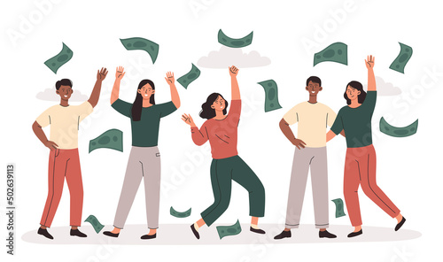 Money falling at people. Metaphor of financial literacy and passive income. Successful investors or entrepreneurs, lucky businessmen. Lottery winners concept. Cartoon flat vector illustration