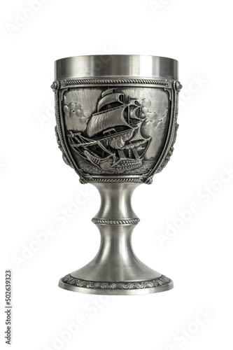 Pewter wine goblet with relief isolated on a white background.