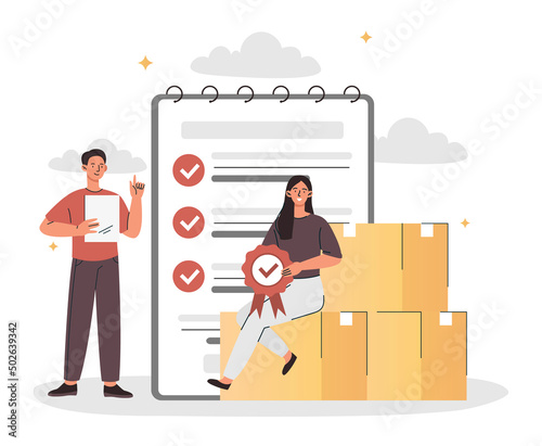 Product quality concept. Man and girl sleep mark to goods and boxes. Employees evaluate product, check its compliance with rules, quality control and inspection. Cartoon flat vector illustration