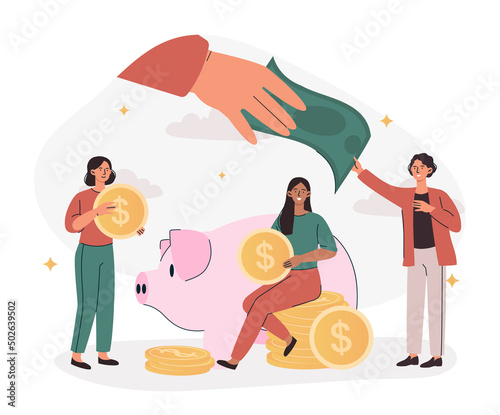 Social support concept. Hand giving money to young families. State provides financial assistance to vulnerable sections of society. Poverty and privilege, inequality. Cartoon flat vector illustration