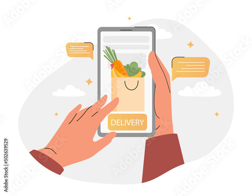 Supermarket online concept. Character orders groceries at home, modern service and consequences of globalization. Natural and fresh organic vegetables and fruits. Cartoon flat vector illustration