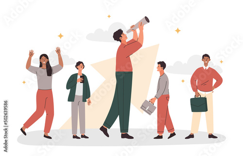 Team leader concept. Man looking through binoculars, goal setting and motivation. Graphs, diagrams and charts, boss or young businessman makes plans and tasks. Cartoon flat vector illustration