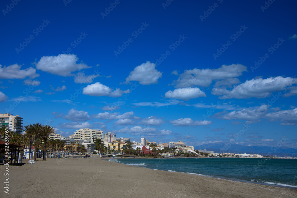 Large beach in the tourist town of Benalmadena, Andalusia, Spain