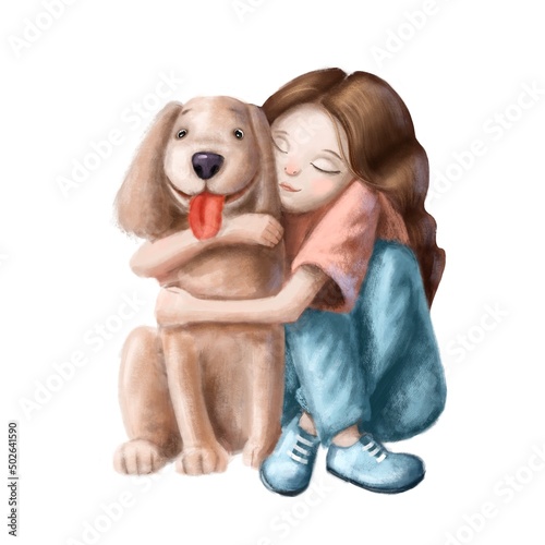 girl and dog tender hugs, watercolor style illustration