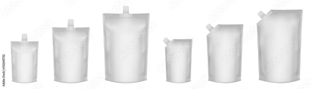 Set of  white doypack packaging with screw cap. Blank foil drink bags pouches with spout. Ketchup, mayonnaise or mustard. Stand up doy pack mock up set. Cosmetic refill