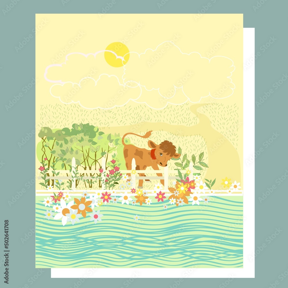 illustration with a small calf on the lawn in green leaves and flowers near river illustration with a small calf on the lawn in green leaves and flowers near river