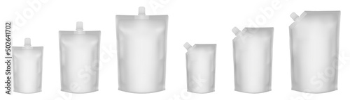Set of  white doypack packaging with screw cap. Blank foil drink bags pouches with spout. Ketchup, mayonnaise or mustard. Stand up doy pack mock up set. Cosmetic refill