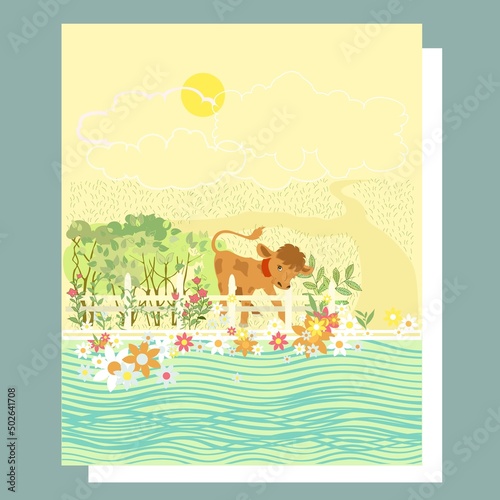 illustration with a small calf on the lawn in green leaves and flowers near river