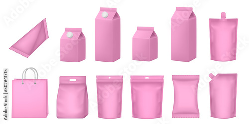 Set of milk cardboard package. Vector zip bag. Realistic carton package with cap. Box for dairy products. Pouch and doy pack mockups.  Pink flow pack, sachet. Pink paper bag. Tetrahedral packaging