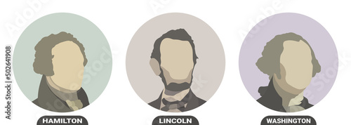 George Washington, Abraham Lincoln and Alexander Hamilton, politicians and Presidents of the United States of America. Stylized vector portraits on white background photo