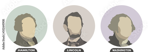 George Washington, Abraham Lincoln and Alexander Hamilton, politicians and Presidents of the United States of America. Stylized vector portraits on white background