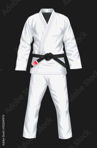BJJ White Gi flat vector illustration. Kimono and pants with black belt vector illustration in flat style. Brazilian Jiu-Jitsu kit. Isolated on black background.	
