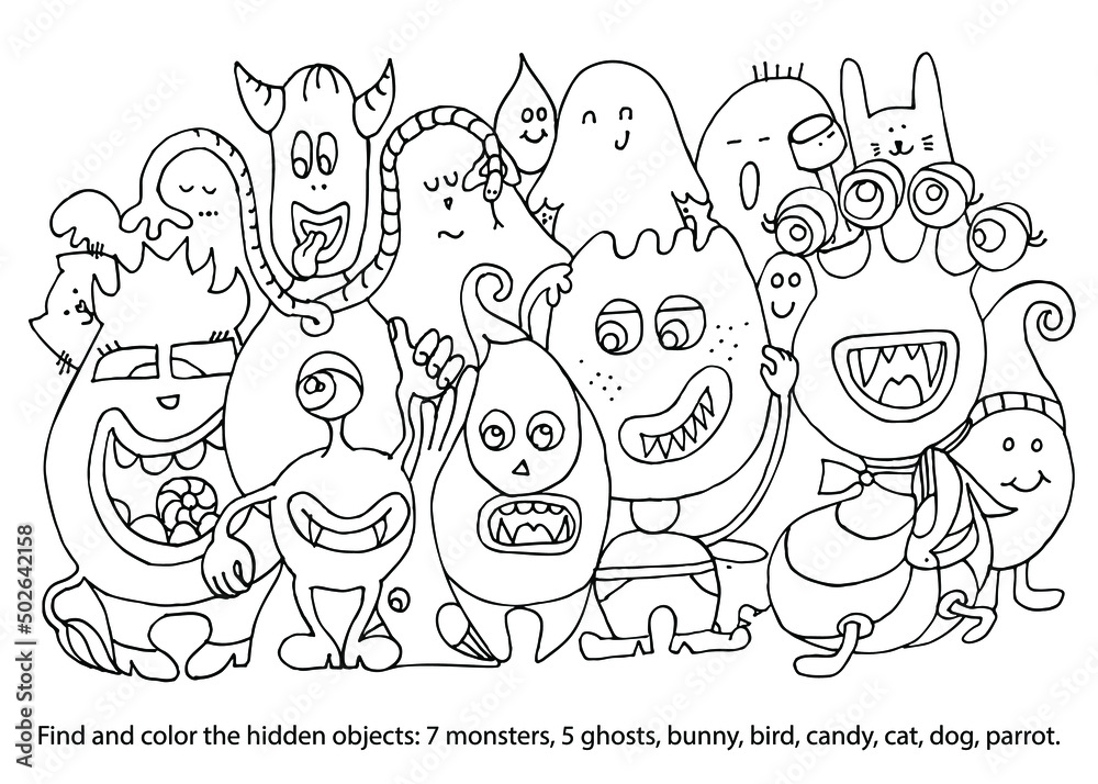 Cute Monsters with animals and ghosts. Find and coloring Hidden Objects.  Puzzle game. Colouring book. Printable education worksheet. Sketch vector  illustration. Stock Vector | Adobe Stock