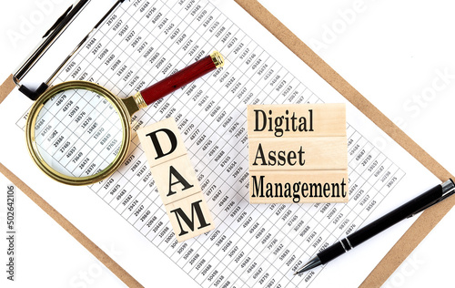 DAM Digital Asset Management text on wooden block on chart background