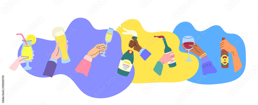 Naklejka premium Cartoon Human Hands Holding Alcoholic Drinks Set Party or Toast Concept Flat Design Style. Vector illustration