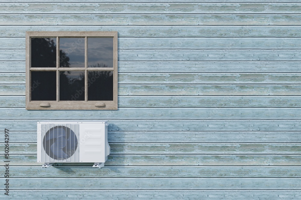 air conditioner outdoor unit on a blue house with a window. 3d Stock ...
