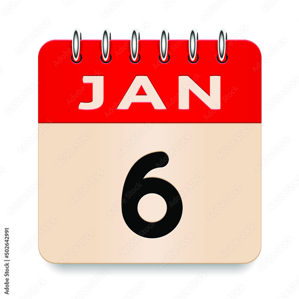 6 day of the month. January. Flip old formal calendar. 3d daily icon. Date. Week Sunday, Monday, Tuesday, Wednesday, Thursday, Friday, Saturday. Cut paper. White background. Vector illustration. 6 day of the month. January. Flip old formal calendar. 3d daily icon. Date. Week Sunday, Monday, Tuesday, Wednesday, Thursday, Friday, Saturday. Cut paper. White background. Vector illustration.
