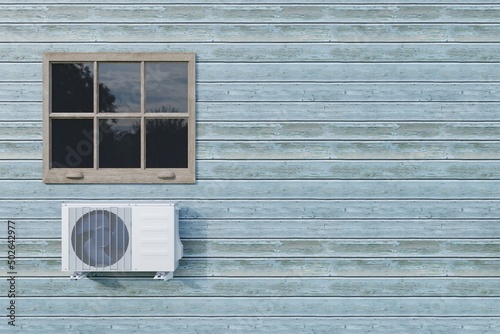 air conditioner outdoor unit on a blue house with a window. 3d photo