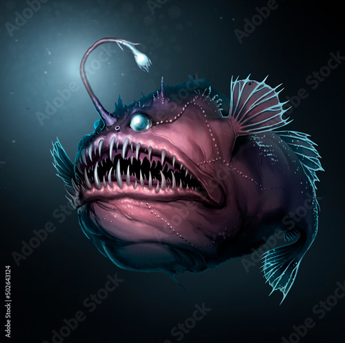Angler fish on background realistic illustration isolate. Scary deep-sea fish predator. Deep sea fish monster. photo
