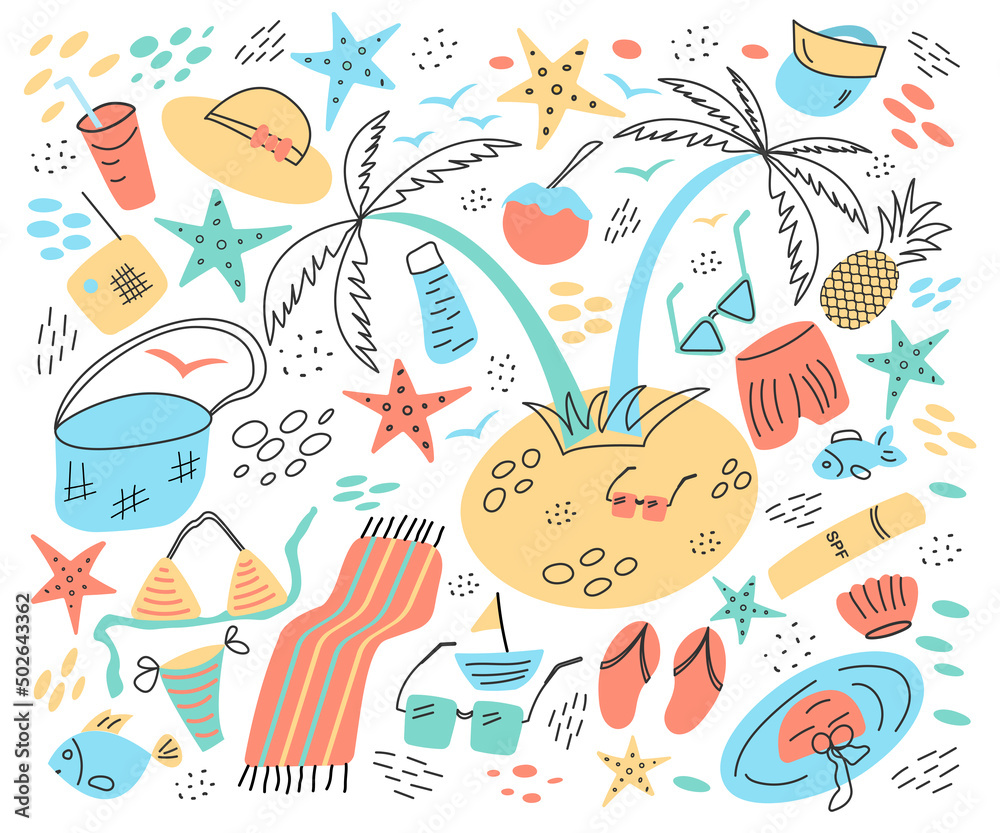 A set of cute summer elements: palm tree, swimsuit, sunglasses, hats, fish. Perfect for a summer poster, postcard, tag, sticker set. Hand-drawn vector A set of cute summer elements: palm tree, swimsuit, sunglasses, hats, fish. Perfect for a summer poster, postcard, tag, sticker set. Hand-drawn vector