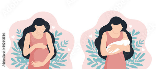 Pregnancy and motherhood vector illustration. Pregnant woman with tummy on a background of leaves. Mother with a newborn baby on a natural background.  © Oksana