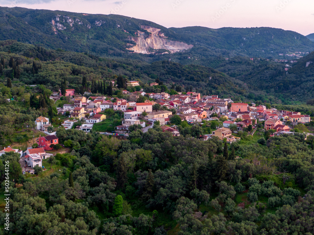 Aerial drone view of Valanio village in nort corfu, Greece