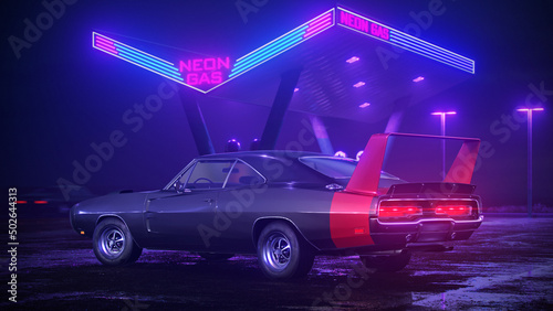 Photos Neon gas station and retro car